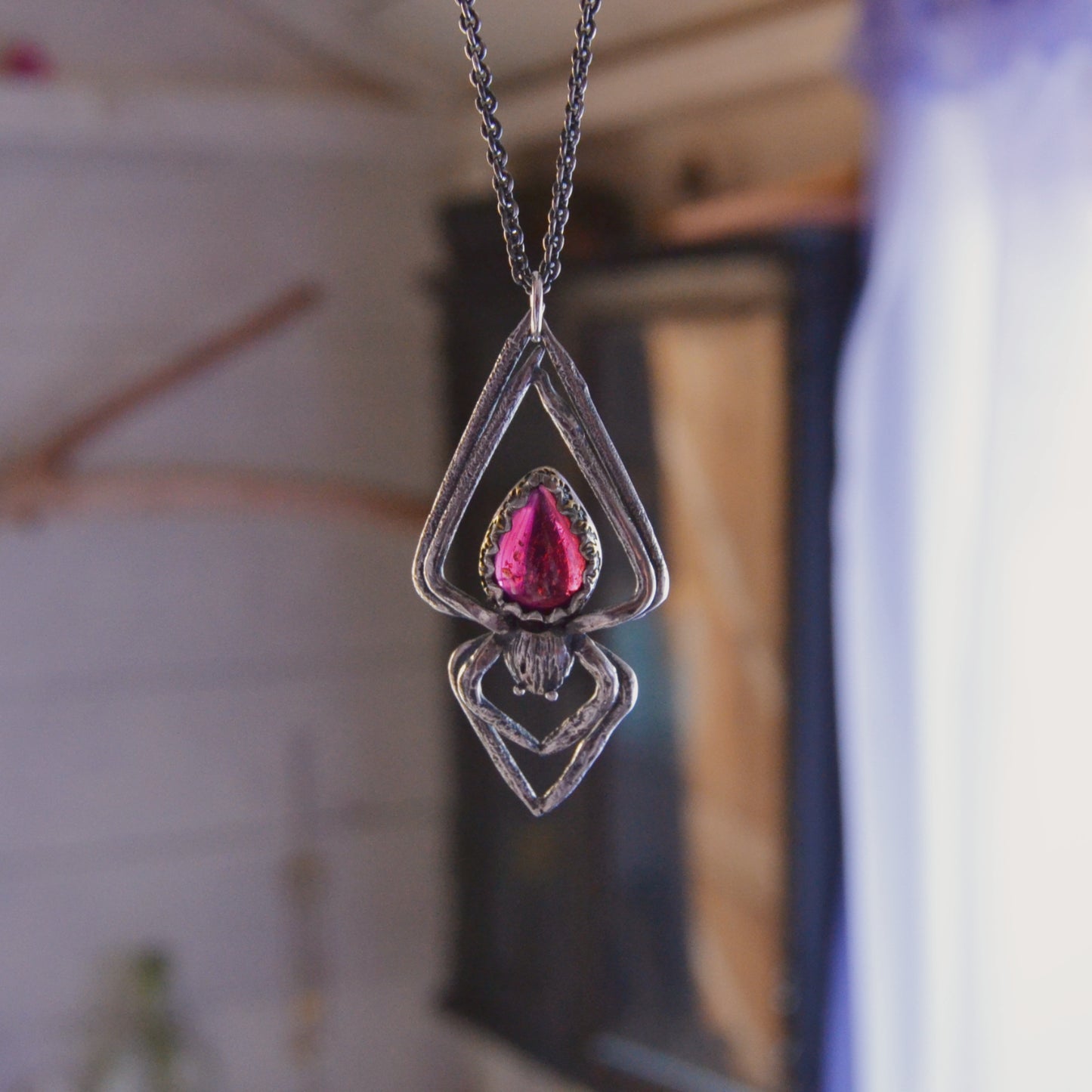 Handcrafted Silver Spider Pendant Necklace with Teardrop Garnet Gemstone – Gothic Statement Jewellery