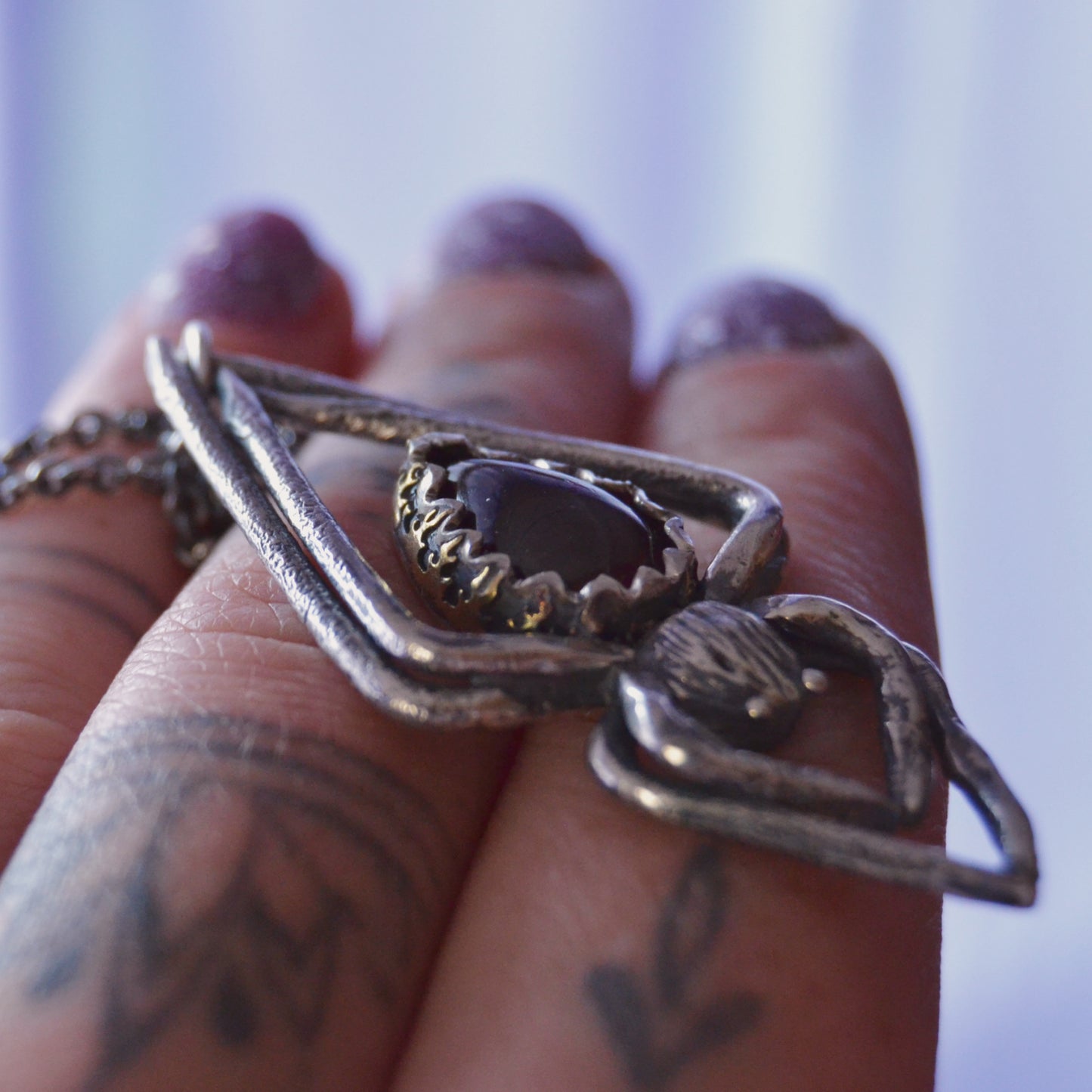 Handcrafted Silver Spider Pendant Necklace with Teardrop Garnet Gemstone – Gothic Statement Jewellery