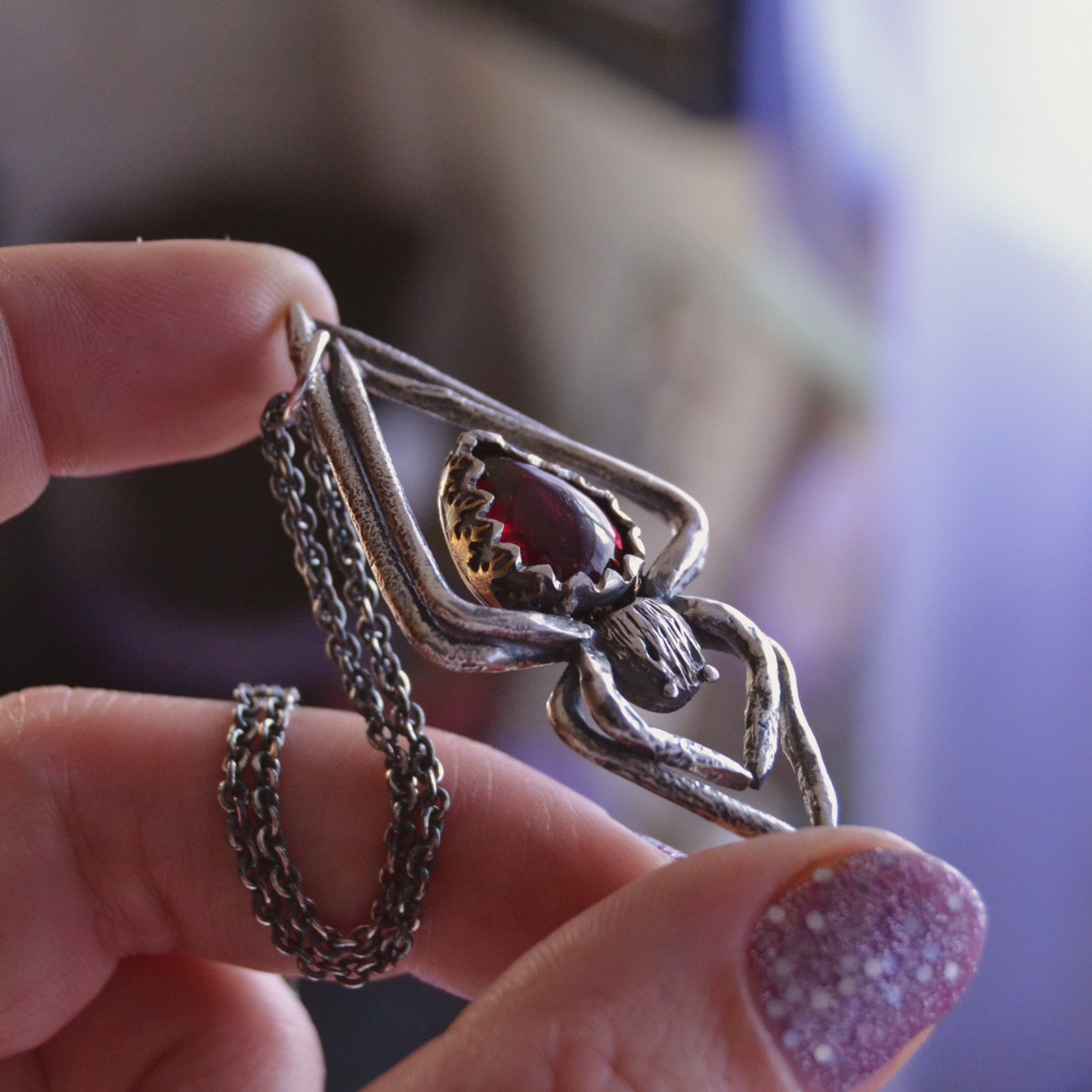 Handcrafted Silver Spider Pendant Necklace with Teardrop Garnet Gemstone – Gothic Statement Jewellery