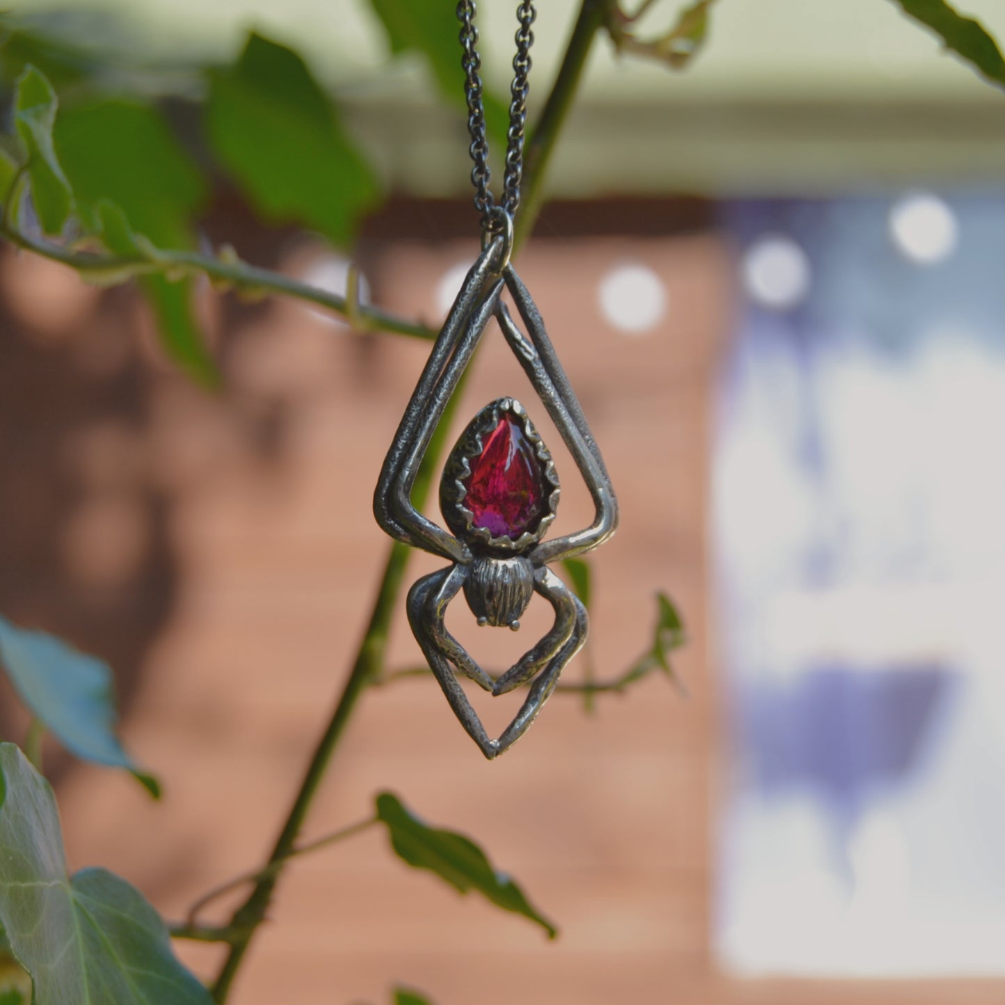 Handcrafted Silver Spider Pendant Necklace with Teardrop Garnet Gemstone – Gothic Statement Jewellery