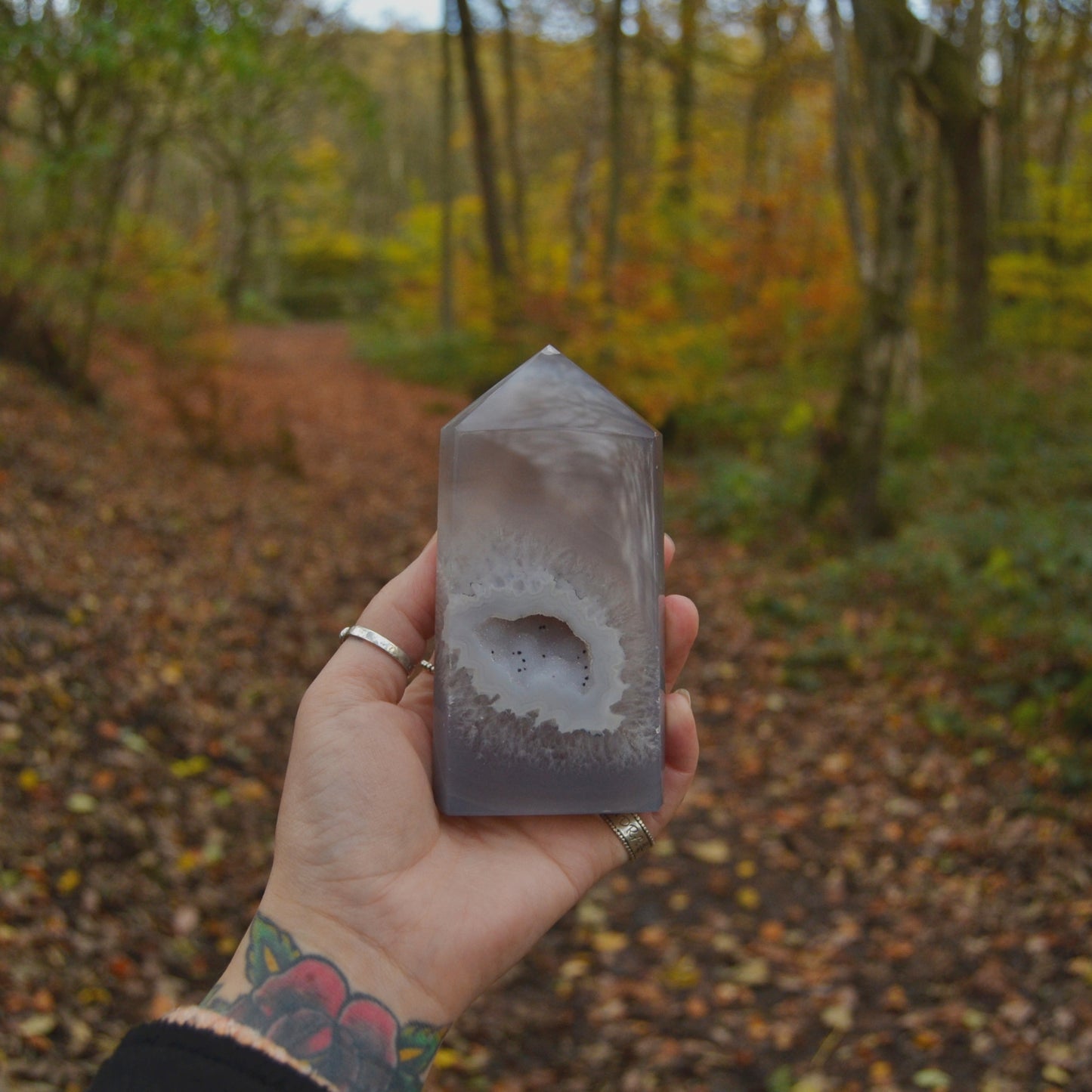 Polished agate crystal tower with a natural druzy geode centre, held in hand against an autumnal forest background. The crystal displays soft grey and white banding with a raw, sparkling geode cavity.