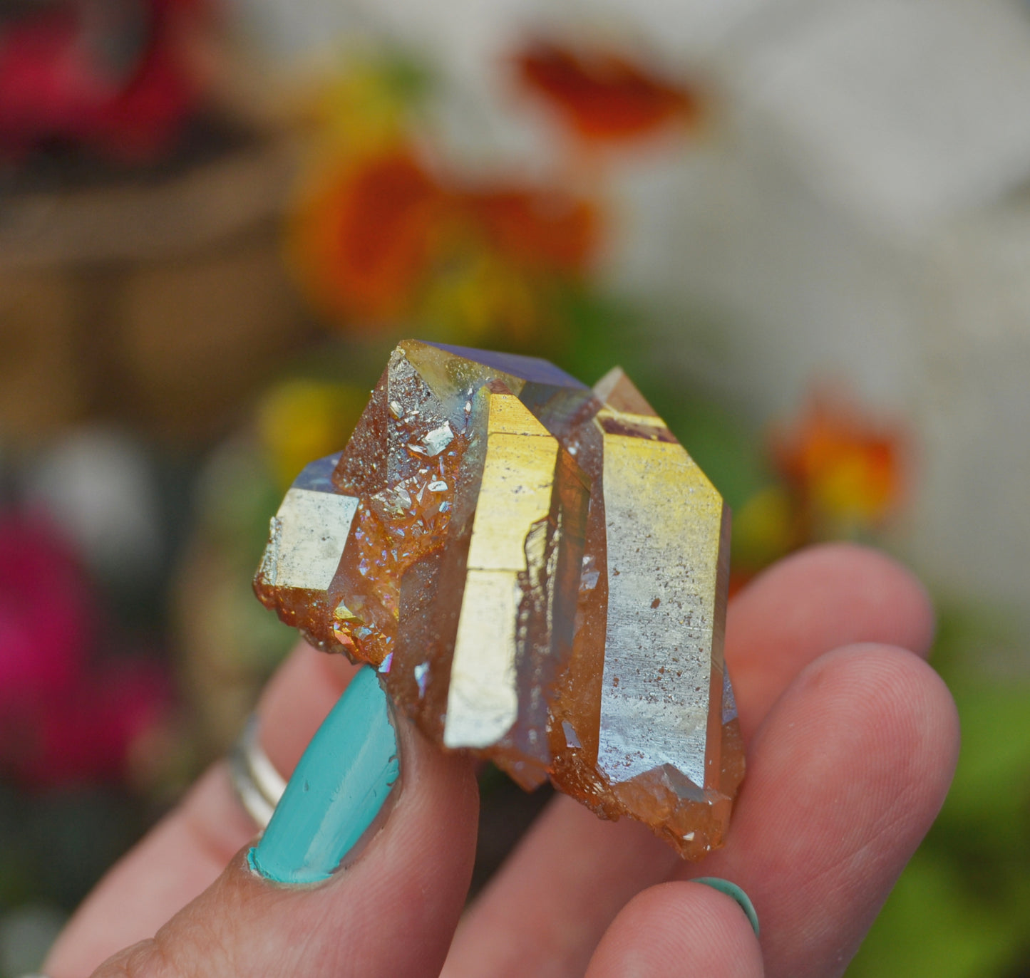 Sunset Aura Quartz Crystal Cluster – Iridescent Golden and Pink Healing Stone
