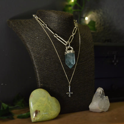 fluorite crystal pendant, buy handmade silver crystal jewellery,
chunky boho dark gothic aesthetic fluorite crystal necklace 