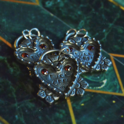 Sterling Silver Heart Pendant with Garnets – Handcrafted Engraved Statement Necklace