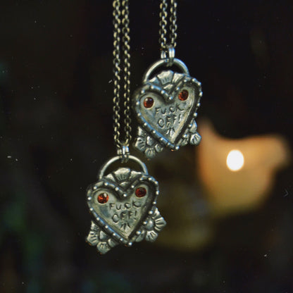 Sterling Silver Heart Pendant with Garnets – Handcrafted Engraved Statement Necklace