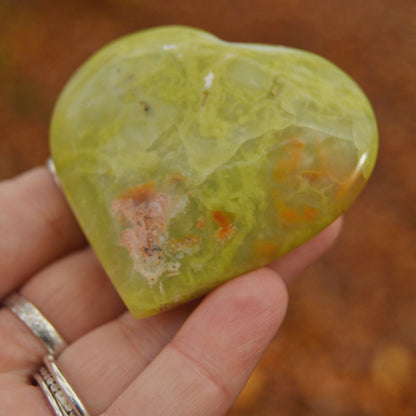 Hand holding a polished green serpentine crystal heart against an autumn forest background. The heart-shaped stone features natural marbling and earthy inclusions, with a glossy finish.






