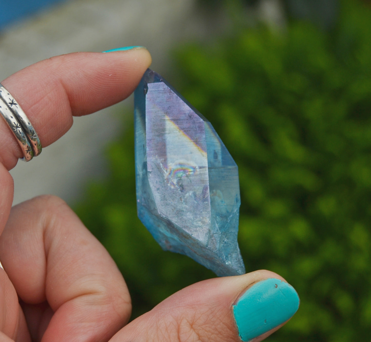 Aqua Aura Quartz Crystal Point – Vibrant Blue Polished Gem with Natural Inclusions