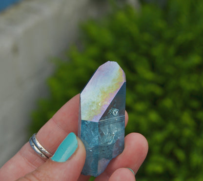 Aqua Aura Quartz Crystal Point – Vibrant Blue Polished Gem with Natural Inclusions