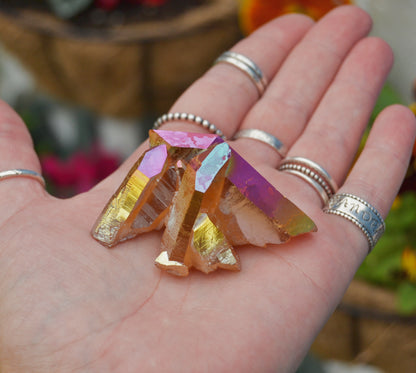 Close-up of a cluster of Sunset Aura Quartz with vibrant golden, pink, and purple hues. The crystal points shimmer with an iridescent metallic finish, held in the palm of a hand adorned with silver rings.

