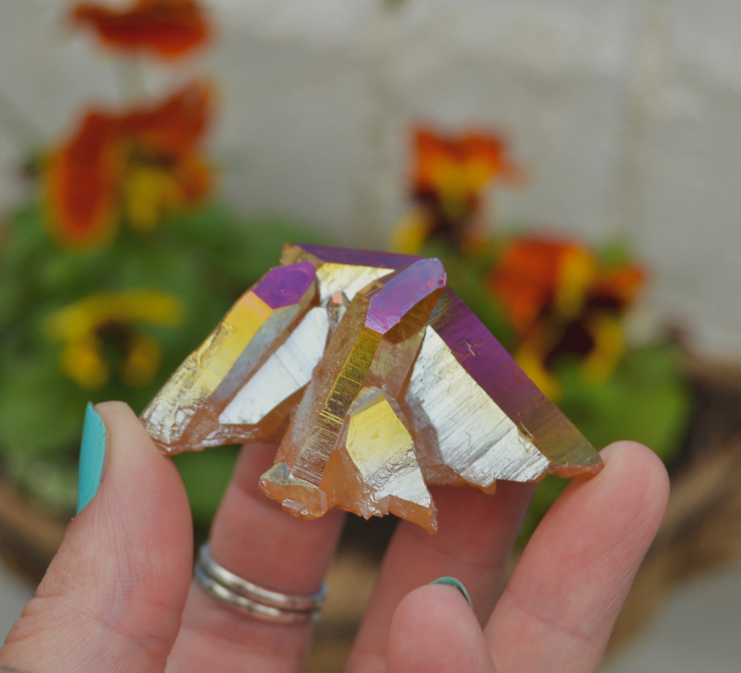 Sunset Aura Quartz Crystal Cluster – Iridescent Golden and Pink Healing Stone