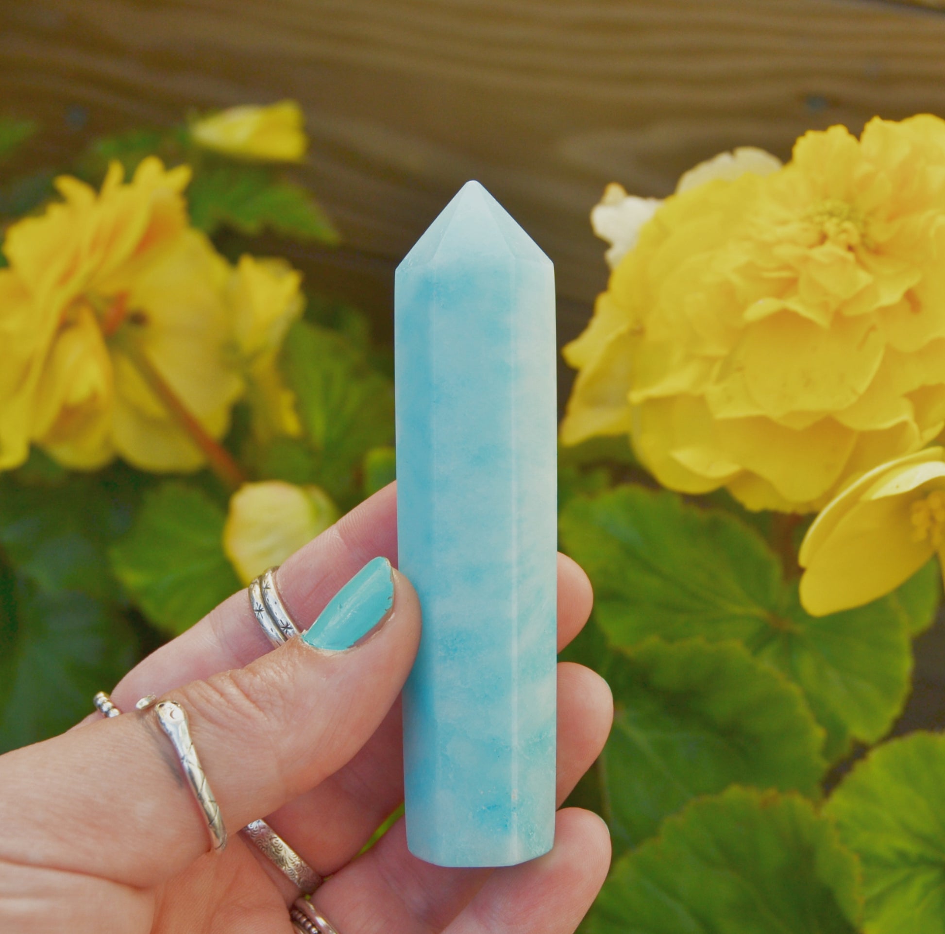 Polished blue aragonite crystal point held in hand against a backdrop of yellow flowers and green foliage. The crystal has a smooth surface with soft marbling and a pointed tip.






